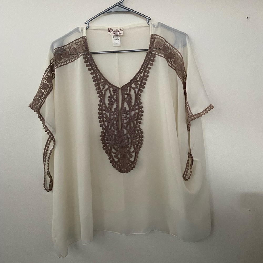 Like NEW Lavish Cream Chiffon Blouse Brown Lace Trim Boho Romantic Size S